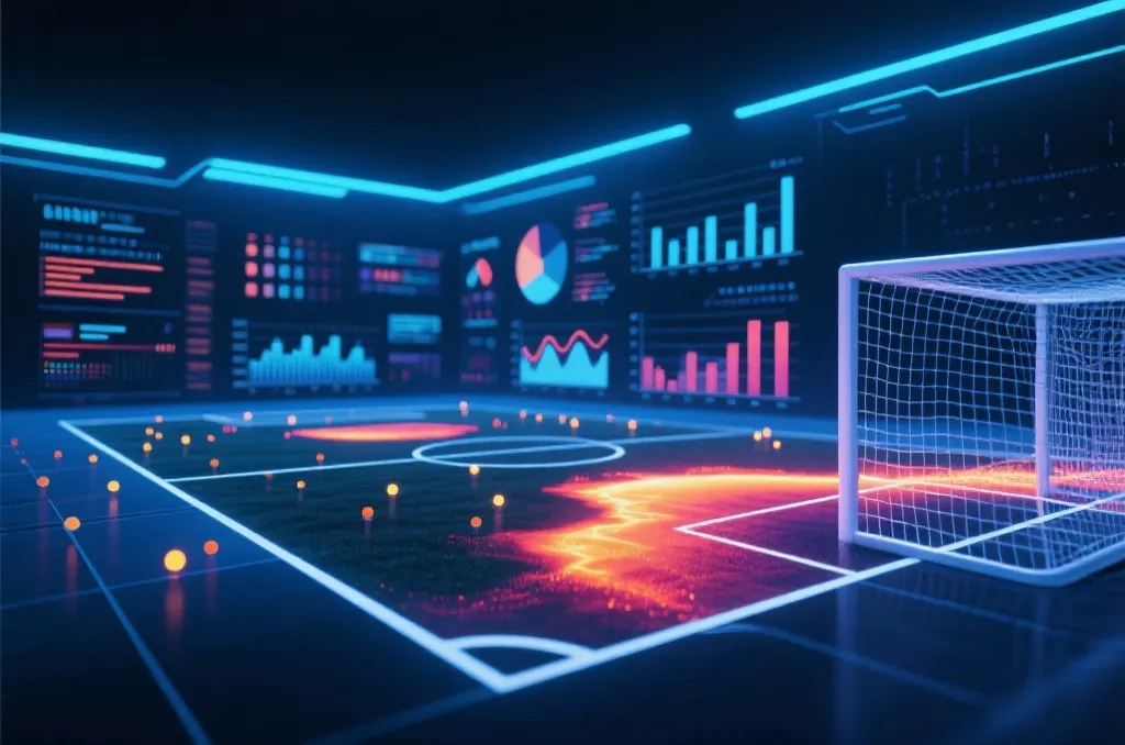 Abstract digital soccer field with glowing data points and statistical charts